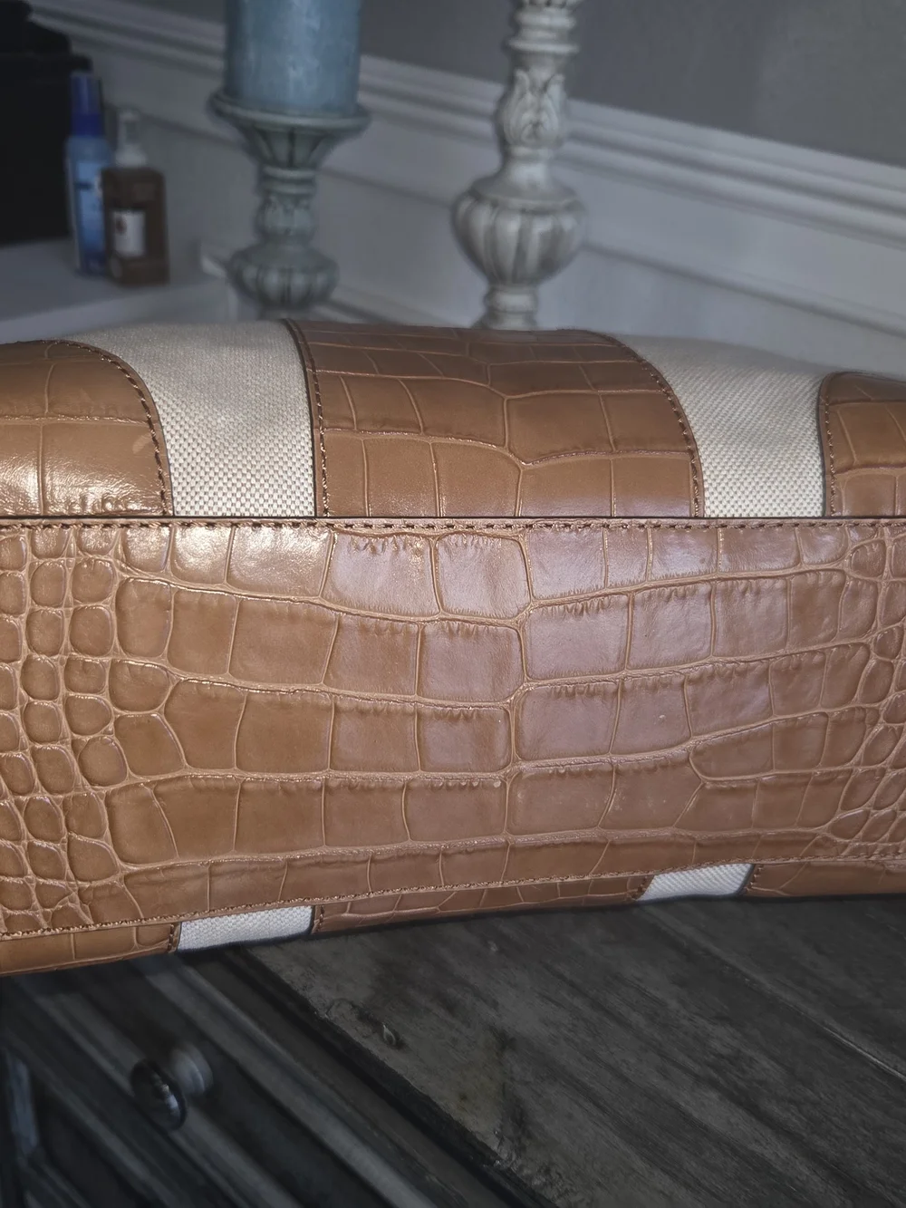 Michael Kors Tan Croc-Accent Canvas Tote Bag Perfect For A Laptop. - Picture 6 of 15
